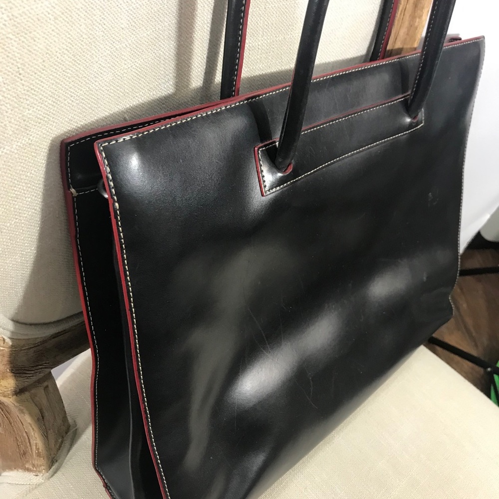 LODIS Black leather laptop bag red trim